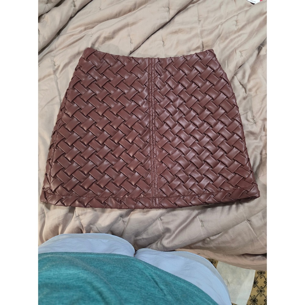 Commense Woven Faux Leather Mini Skirt Brown High Waisted A-Line XS NWT